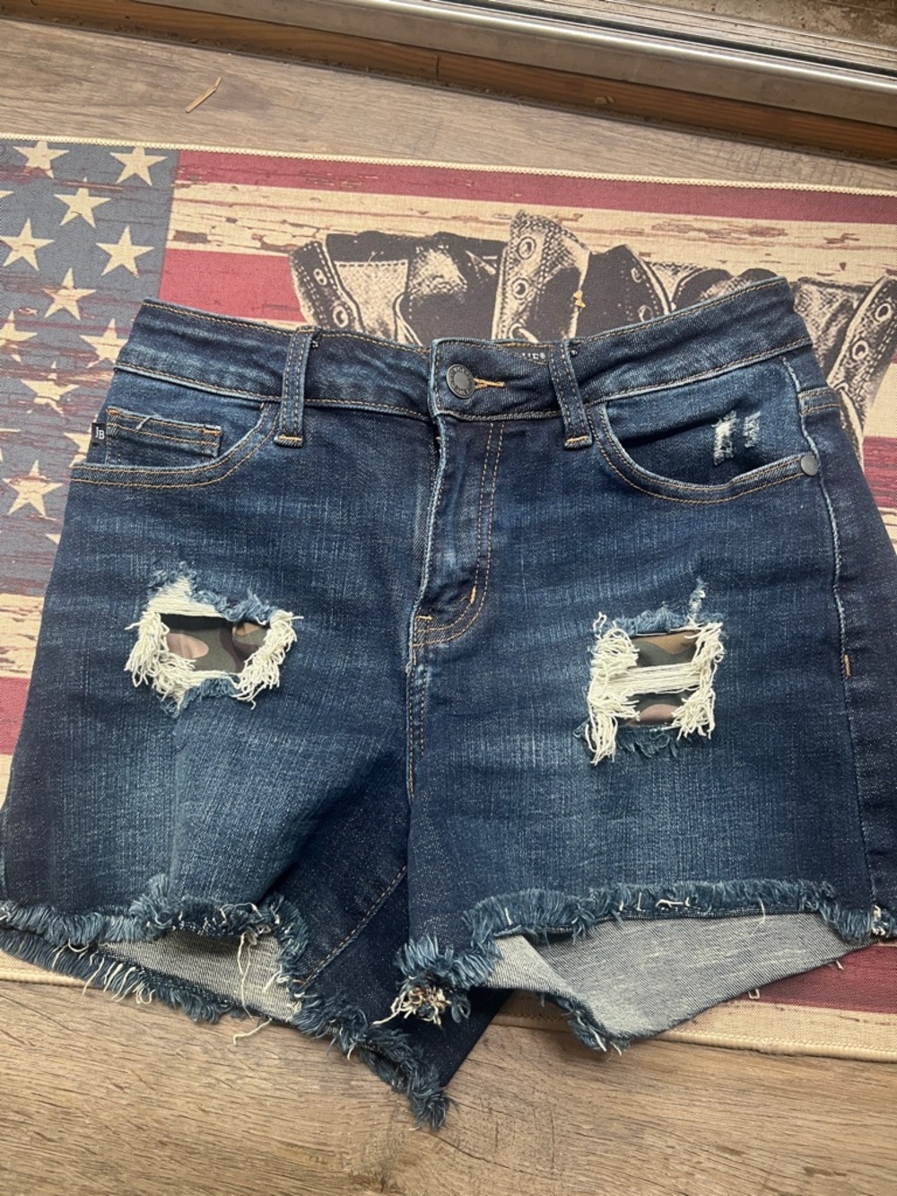 Judy Blue Dark Wash Distressed Camo Patch Cutoff Jean Shorts